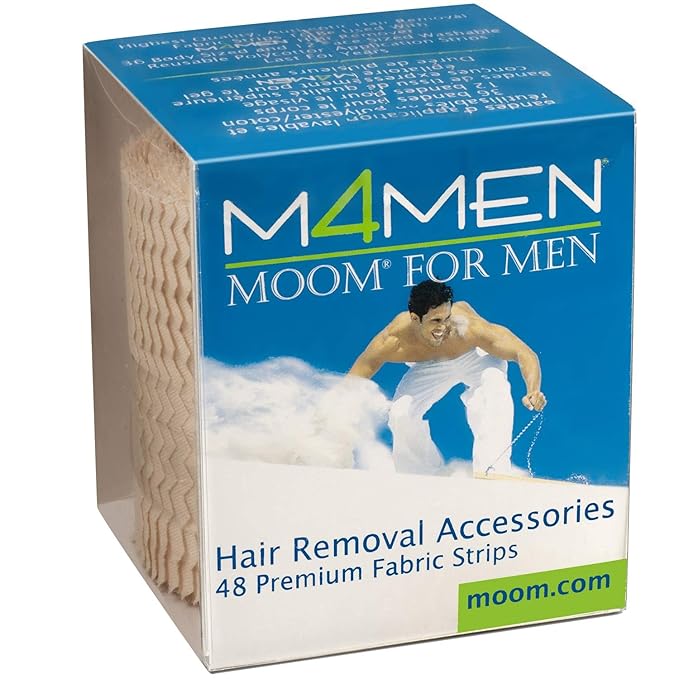 MOOM Men's Hair Removal Waxing Strips, 48 Count, 36 Body + 12 Face Strips, Reusable Polycotton