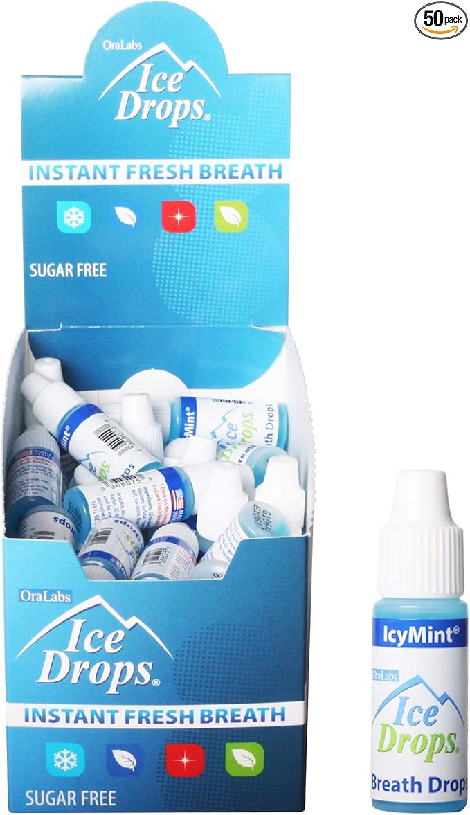 Ice Drops | Flavored Breath Drops - Instant Fresh Breath, Sugar Free, Fat Free - 3.2mL Droppers - 50 count Display (IcyMint)