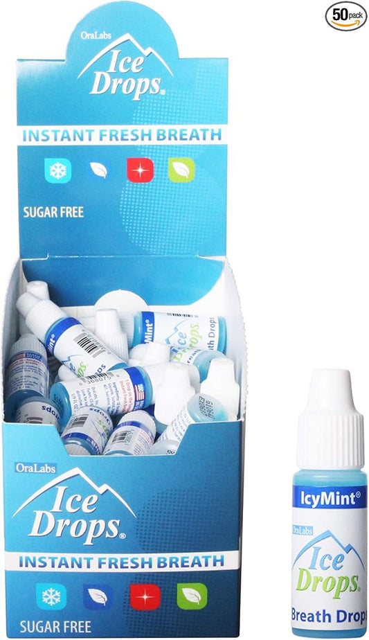 Ice Drops | Flavored Breath Drops - Instant Fresh Breath, Sugar Free, Fat Free - 3.2mL Droppers - 50 count Display (IcyMint)
