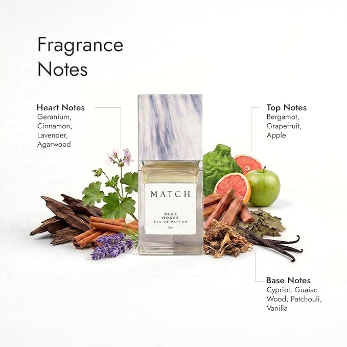 MATCH Blue Horse Eau de Parfum for Men & Women – Warm Woody Aromatic Unisex Fragrance – Long Lasting Perfume – Bergamot, Cinnamon & Patchouli Notes – Premium Perfume Spray – 50 ml / 1.7 fl oz