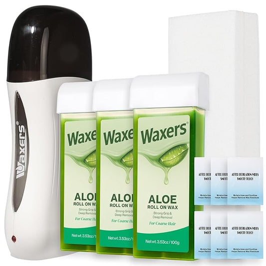 Roll on Wax Kit Aloe Vera Waxing Roller Depilatory for Women & Men Waxing Kit for Hair Removal for Larger Areas at Home with Heater & Strips