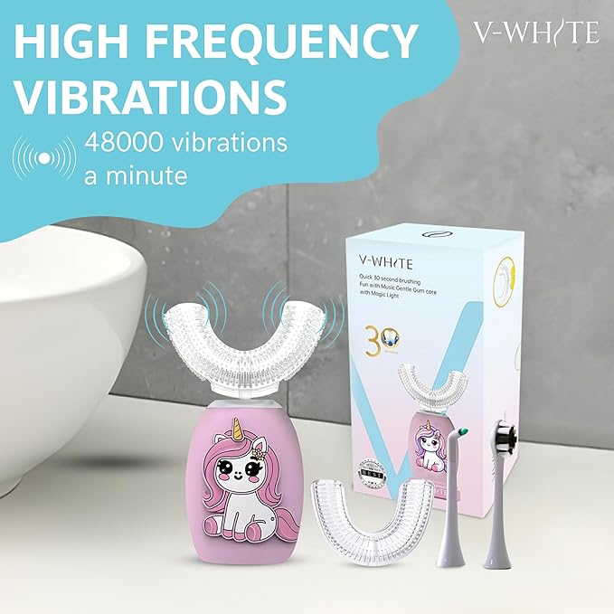 V-WHITE Electric Toothbrush Kids- Ultrasonic U-Shaped Toothbrushes for Teeth Whitening - 360° Mouth Cleansing, Hands Free Gums Protection - Wireless Charging & LED Light - Waterproof IPX7 Certified