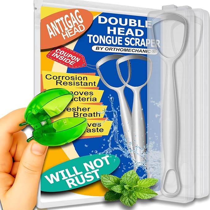 Double-Headed Tongue Scrapers with Travel Cases & Toothbrush Covers for Adults & Kids, 100% Stainless Steel, Gentle & Durable Scrapers. (2 Tongue and 2 Brush Covers)