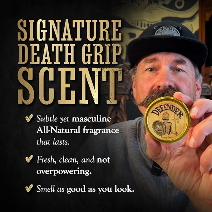 Defender Mustache Balm 1 oz Tin & Necklace Death Grip Mustache Comb Mens Combo Kit - Grooming For Men Handlebar Moustache