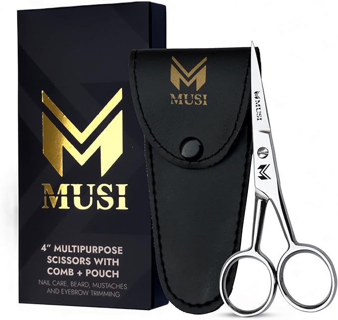 MUSI 4 Inch Eyebrow Scissors - Muti-purpose Small Scissors for Mustache, Beard, Nose Hair, Nail, Ear & Eyelash Trimming - Professional Stainless Steel Mini Grooming Scissors for Men Women with Comb