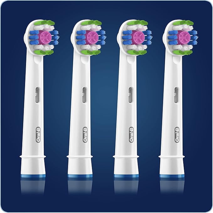 Oral-B 3D White Electric Toothbrush Head with CleanMaximiser Technology, Angled Bristles for Deeper Plaque Removal, Pack of 4, White