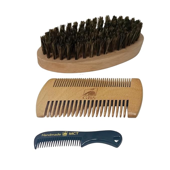G.B.S Combo Beard Grooming set, Oval Wood Beard Brush with Boar Bristles 4 1/2" x 2 3/8", All Fine Wood Beard Comb 2" x 4" & Tortoise Pocket Beard and Mustache Comb Effortless Glide