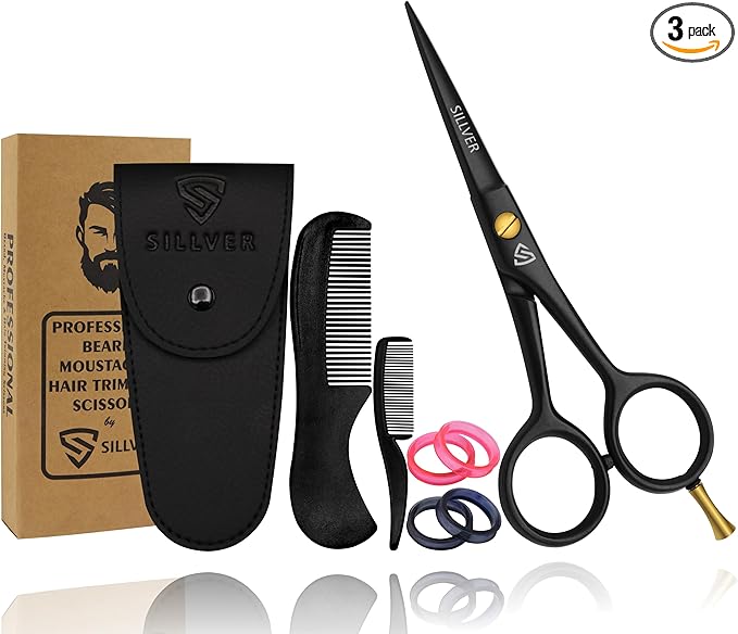 Professional Mustache Scissors 5 Inch, Razor Edged and Serrated, Beard Comb, Mustache Comb, Pouch -Beard Trimming Scissors for All Facial Hair– Grooming Scissors
