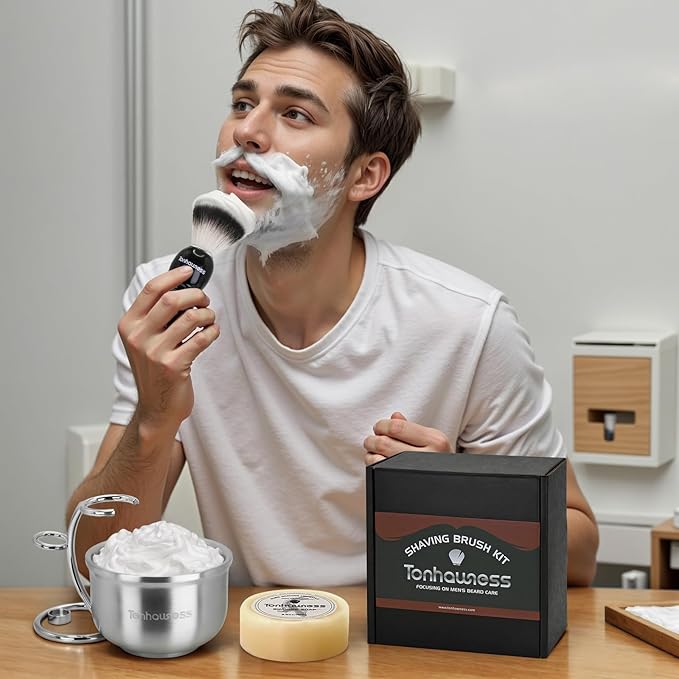 Shaving Brushes Kit For Men, 4 In 1 Shaving Brush Set Includes Nylon Bristle Shave Brush,Stainless Steel Shaving Bowl, Shaving Stand and Soap