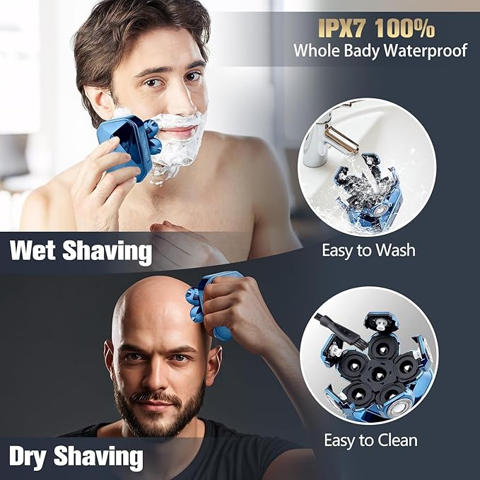 Head Shavers for Bald Men, IPX7 Waterproof Detachable Head Shaver, 6D Electric Razor for Men, 6 in 1 Wet/Dry Rechargeable LED Shaving Kit with Type-C Charge