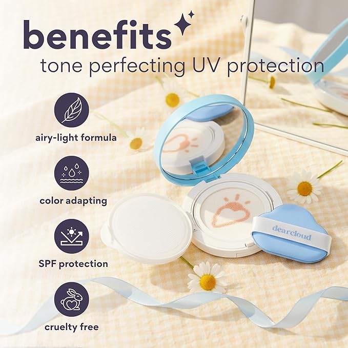 dearcloud Dear Sun Perfecting SPF Cushion – Color Adapting Sunscreen, Korean Sunscreen SPF 50+ (.53 oz)