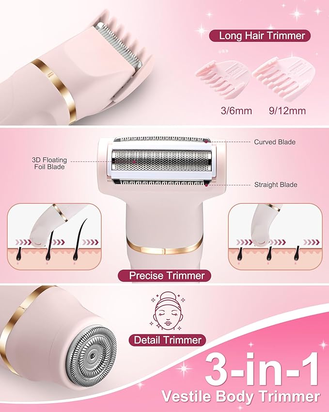 Bikini Trimmer for Women,3-in-1 Bikini Shaver Electric Razors for Womens Face, Legs,Bikini Line Armpit, IPX7 Waterproof, USB-C Rechargeable,Travel Trimmer, Pink