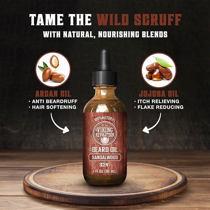 Viking Revolution Sandalwood Beard Balm for Men (2oz) and Sandalwood Beard Oil (1 fl oz) Bundle - With Argan and Jojoba Oils - Soften and Moisturize - Stocking Stuffers for Men