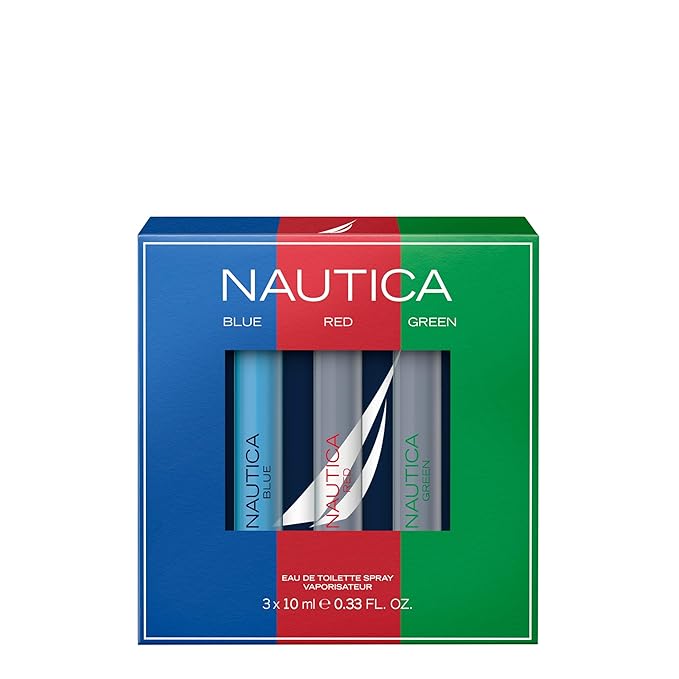 Nautica Giftset, Blue, Red, Green Eau de Toilette 0.33 fl oz Pen Sprays, Notes of Musk, Ginger, Lavender, and Cedarwood, Men's Fragrance, Long Lasting, Everyday Fragrance, Travel Size