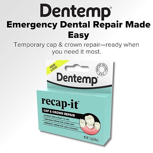 Dentemp Recap-It Cap and Crown Repair Dental Kit - Fast Acting Formula Dental Cement for Loose Caps (Pack of 1) - Temporary Cement for Crown and Bridge