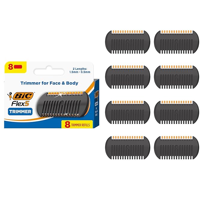 BIC Flex 5 Trim and Shave Body and Beard Trimmer for Men, 8 Razor Refills and 8 Trimmers, No Batteries Needed