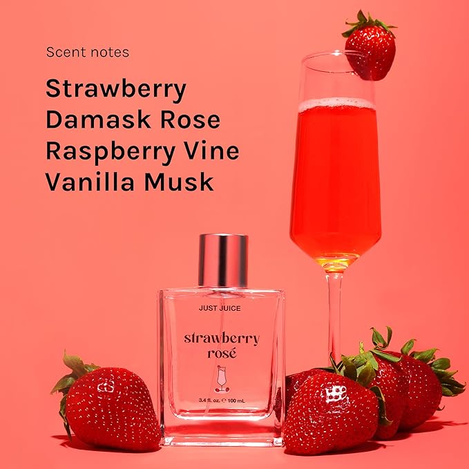 Just Juice Strawberry Rosé - Strawberry Perfume for Women and Men - Raspberry, Rose, Vanilla Musk Notes - Mini Travel Perfume - 0.3 oz