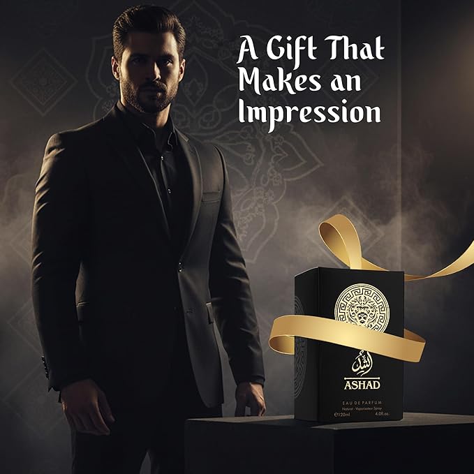 SAADAH Ashad Eau De Parfum for Men 4.0 Fl.oz, 120ml Oriental Amber Spicy Fragrance, Bold Black Pepper Tobacco Pineapple, Coffee Patchouli Vanilla Amber, Long Lasting Masculine Luxury Scent