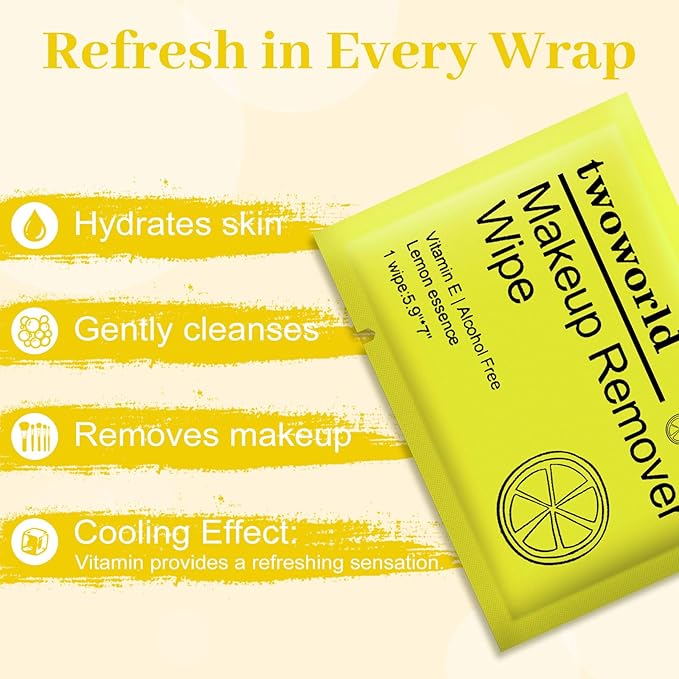 Makeup Remover Wipes Bulk Individually Wrapped,Travel Makeup Wipes Gentle for Face Cleansing Mascara Lipstick Travel Hotel（lemon,pack of 50)