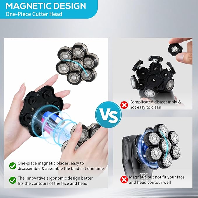 Magnetic Head Shaver Replacement Heads, 7 Double Ring Waterproof Rotary Razor Blades for Bald Men Compatible with Freebird wyklaus shpavve(Silver) (black7D)