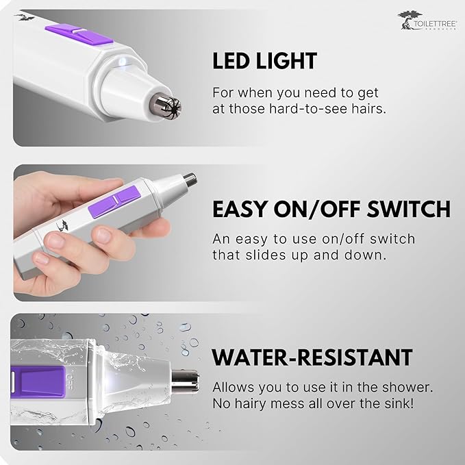 ToiletTree Products Nose Hair Trimmer for Women with LED Light - with Stainless Steel Blades, Water Resistance - Ear Nasal Hair Cutter/Removal
