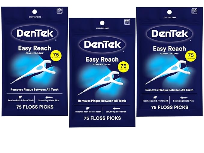 DenTek Easy Reach Complete Clean Floss Picks, with Strong Dental Floss, 75 Count, 3 Pack