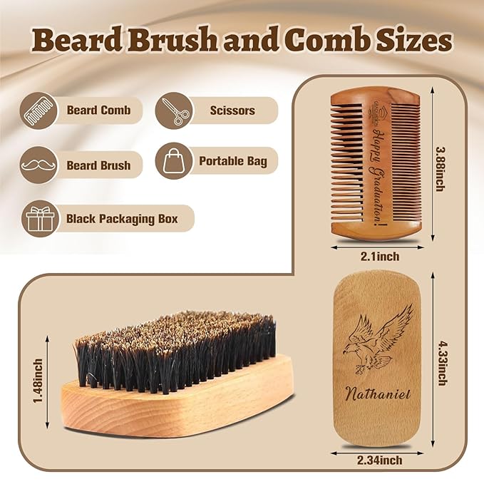 Personalized Beard Brush for Men & Beard Comb Set Natural Boar Bristle Brush and Dual Action Pear Wood Comb with Custom Name Text Icon Gift for Dad Groomsmen Boyfriend (beard comb and brush)