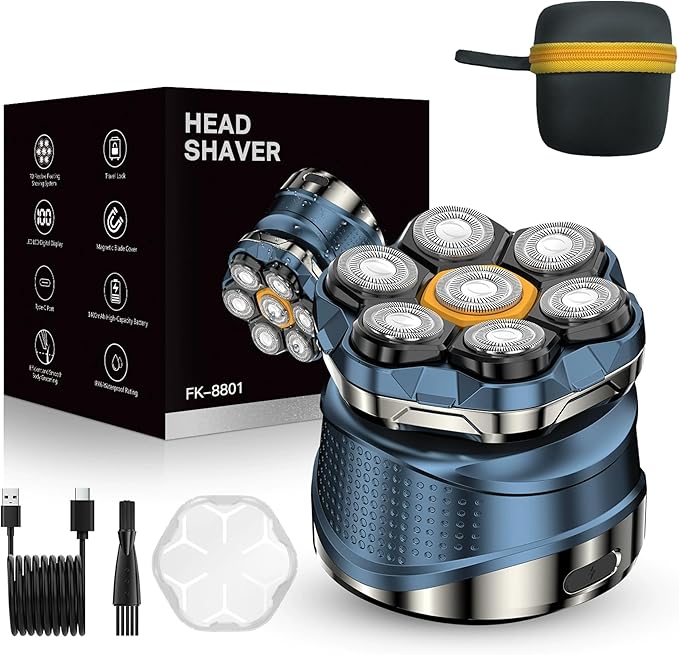 Head Shavers for Bald Men - IPX7 Waterproof Electric Razor with 7D Floating Rotary Blades, LED Display, Wet/Dry Close Shave Grooming Kit for Bald Head, Body, Beard - Ideal Gifts for Men