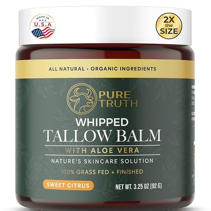 Whipped Tallow and Honey Balm (Citrus), Beef Tallow for Skin Care, Grass Fed + Finished Tallow Moisturizer Cream for Face & Body w/Organic Honey, Aloe Vera, Jojoba Oil - Men Women 3.25oz