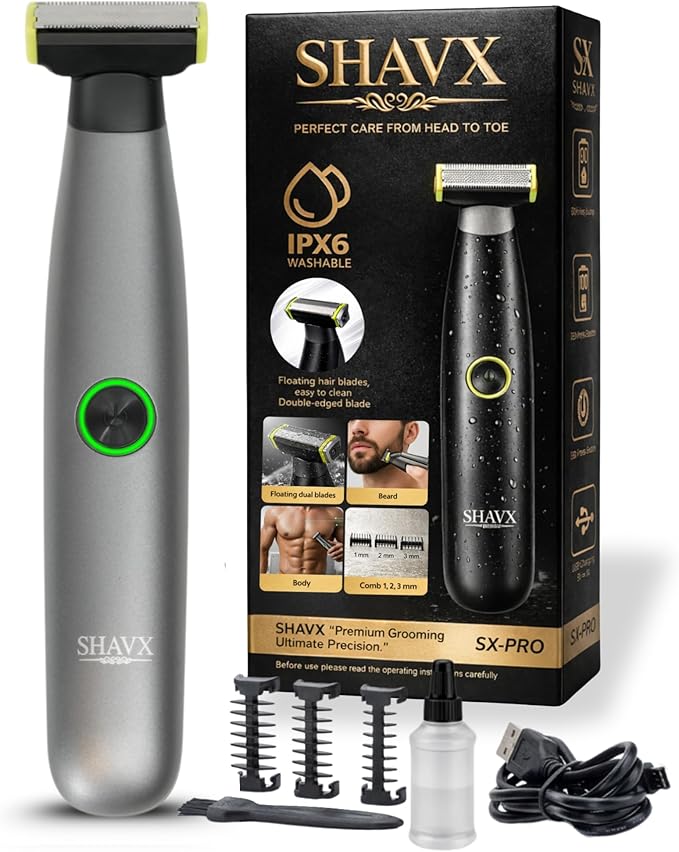 SX-PRO Body Hair Trimmer & Electric Razor for Men | Skin-Safe Razor Blades for Sensitive Areas | Pubic Hair, Chest, Legs, Bikini & Full Body Shaver, Rechargeable Waterproof | Silver