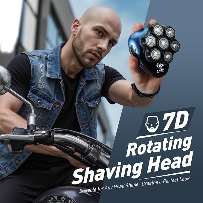 Head Shavers for Bald Men: 7D Detachable Electric Razor - IPX6 Waterproof Wet Dry Rotary Shavers - LED Display Rechargeable Head Shaving with Fast Charging, Deep Blue