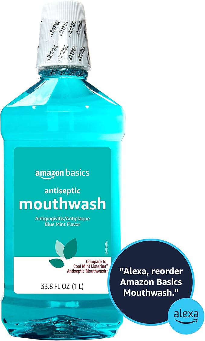 Amazon Basics Antiseptic Mouthwash, Blue Mint, Fights Bad Breath, Plaque and Gingivitis, 1 Liter, 33.8 Fl Oz, 1-Pack (Previously Solimo)