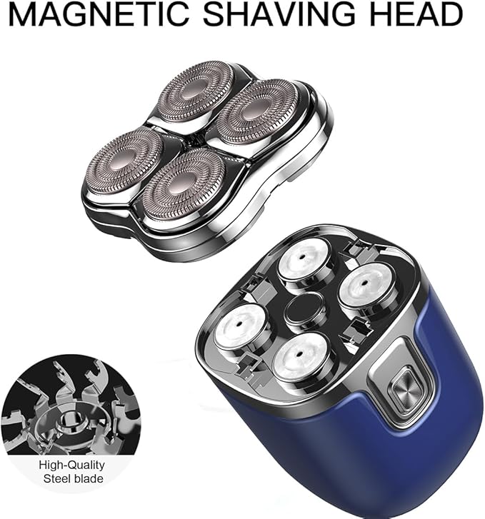 Electric Shaver for Black Men's Bald Head - Curved 4D Rotary Blades Prevent Razor Bumps, IPX6 Waterproof Wet/Dry Trimmer with Fast Charging & LED Display (Matte Blue)