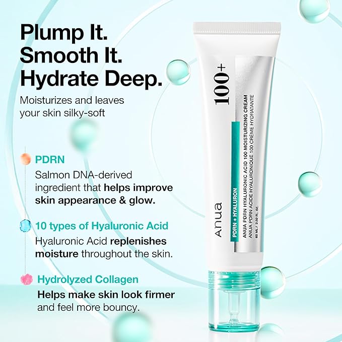 ANUA PDRN Hyaluronic Acid 100 Moisturizing Cream, Lightweight Hydrating Moisturizer with Salmon DNA, Hyaluronic Acid, Collagen For Glass Skin, Korean Skin Care (60ml / 2.02 fl. oz)