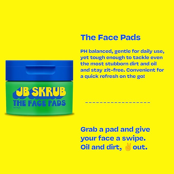 JB SKRUB The Face Pads - Kids, Tween Boys & Teens Acne Cleansing Pads for Cool Confidence - Say Goodbye to Greasy Skin and Hello to Freshness - 40 Cleansing Wipes, Single Pack