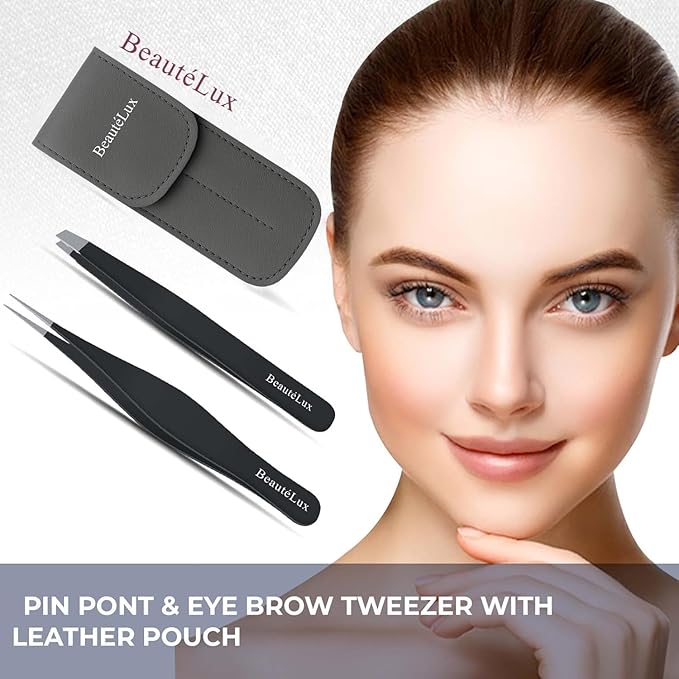 Precision Tweezer Set, Pointed tip & Slant Tip Tweezer for women & men, Stainless Steel eyebrow Tweezers, Stocking Stuffer, tweezer for Chin hair, Ingrown Hair Removal, Black tweezers with case