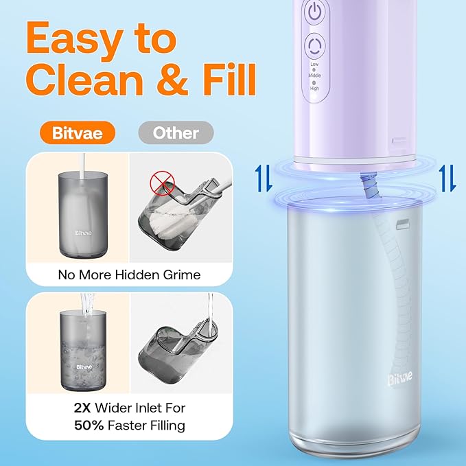 Bitvae P1 Water Dental Flosser, Portable Water Cleaner Picks, Cordless Mini Water Teeth Cleaners with Telescopic Water Tank, IPX7 Waterproof Oral Irrigator, Brace & Sensitive Teeth Care, Purple