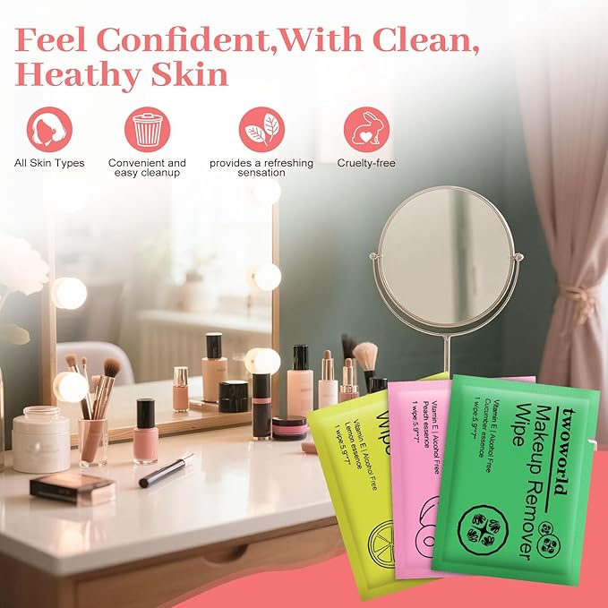 Makeup Remover Wipes Bulk Individually Wrapped,Travel Makeup Wipes Gentle for Face Cleansing Mascara Lipstick Travel Hotel（honey peach,lemon and cucumber,pack of 60)