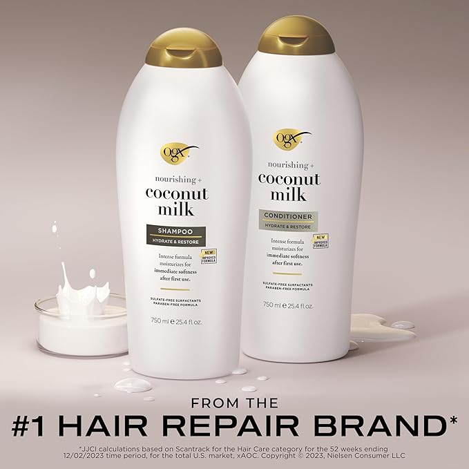 OGX Shampoo and Conditioner Set, Nourishing + Coconut Milk, Shampoo and Conditioner for Moisturizing & Strengthening Hair Care, Formulated without Sulfated Surfactants, 25.4 FL OZ, 2 Pack