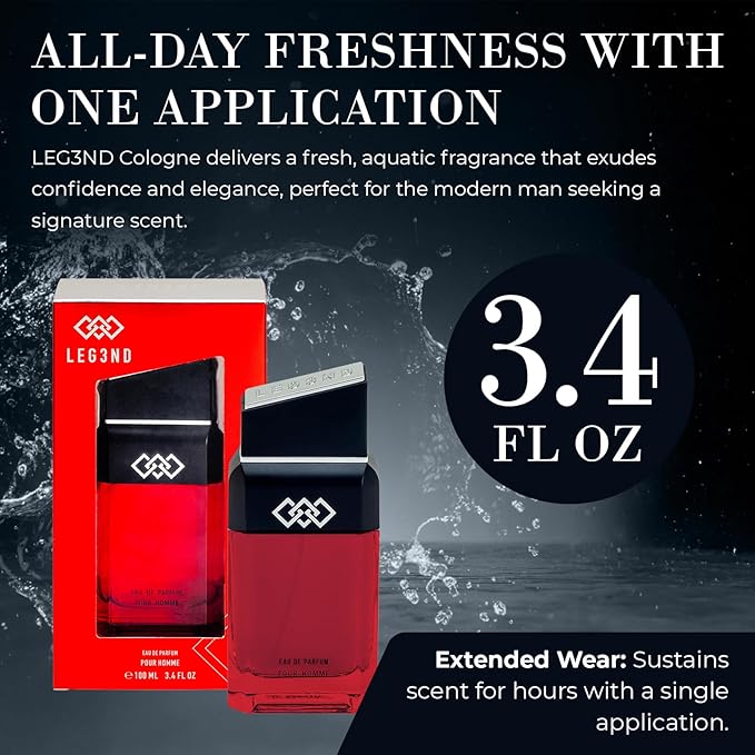 LEG3ND Men's Cologne Eau de Parfum Spray - 3.4oz/100ml Long-Lasting Scent with Elegant & Sleek Glass Bottle - Fragrance for Men with Luxurious Patchouli & Woody Notes (Red Edition)