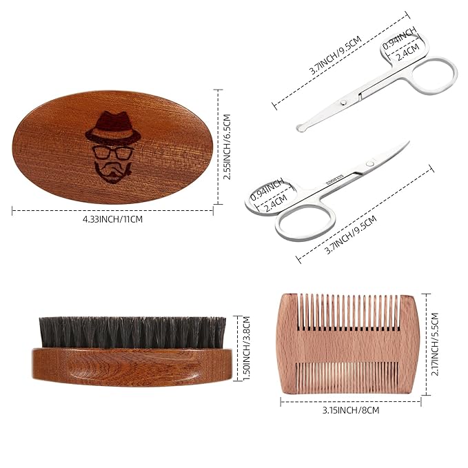 Sosoon Beard Brush for Men, 100% Pure Boar Bristle Beard Brush, Beard Grooming Set Including Beard Comb, 2 Pcs Mustache Scissors, and Travel Bag