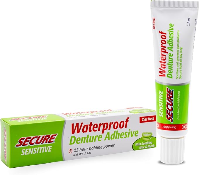 Secure Sensitive Denture Adhesive with Aloe Vera & Myrrh to Nourish Your Gums – Uppers, Lowers & Partials - Waterproof & Zinc Free – Food Grade Ingredients - Less Adhesive, More Hold – 1.4 oz