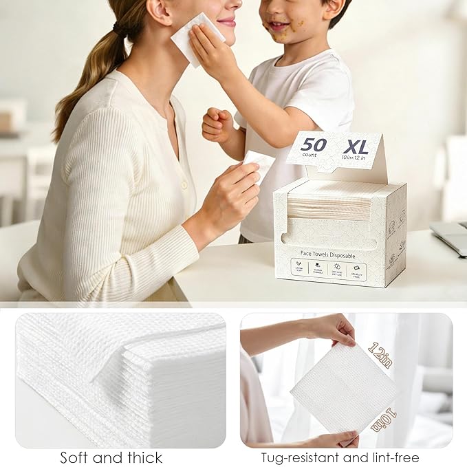Disposable Face Towels XL, 10"x12" Ultra Soft & Thick Dry Wipes, Makeup Remover & Facial Cleansing Towels for Sensitive Skin, 50 Count, 1 Pack