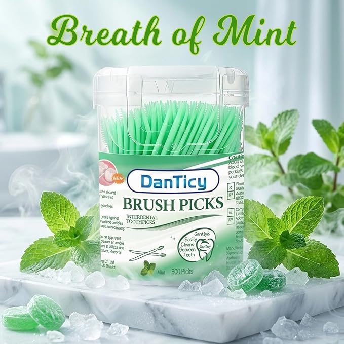 Mint Flavored Toothpicks, Brushpicks Interdental Toothpicks,Soft Bristle Dental Floss Picks Toothpicks,Helps Removes Plaque and Debris Between Your Teeth, Mint, 900PCS (Pack of 3)
