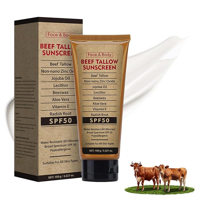 Beef Tallow Sunscreen with Zinc Oxide for Body Facial, Non-Toxic Natural Mineral Sunscreen Reef Safe Sunblock SPF 50,Clean Non-Greasy (For Sport or Daily Use), 3.5 OZ