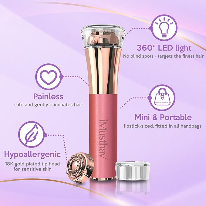 Facial Hair Remover for Women – Painless 16mm Dual Ring Floating Head Blade, Portable, Electric Razor & Epilator for Flawless Face, Lips & Chin – with 18K Gold-Plated Head, 360° LED Light
