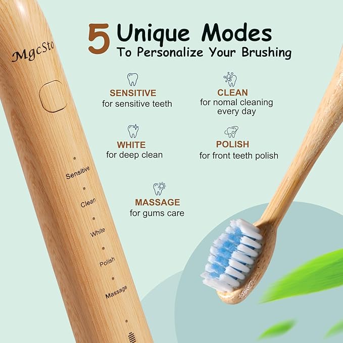 Sonic Electric Bamboo Toothbrush for Adults -5 Adjustable Cleaning Modes -Includes 2 Bamboo Heads with Castor Oil Bristles - Upgraded IPX7 Waterprood -Convenient Charging & Travel Case