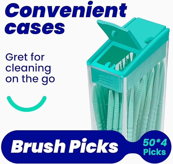 Soft Interdental Brushes - Dental Floss Picks - Soft Rubberized Brush Picks - Textured Plaque Removing Toothpick - Removes Food & Plaque - Refillable Hygienic Case - 200 Count