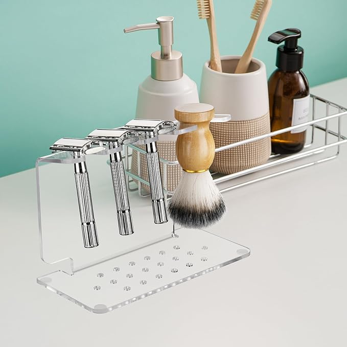 Beautyflier Safety Razor Stand, Clear Acrylic Razor Holder and Shaving Brush Stand, Men's Travel Shaver Stand Compatible with Most Razors and Brushes, Holds 3 Razors and 1 Brush (Stand Only)