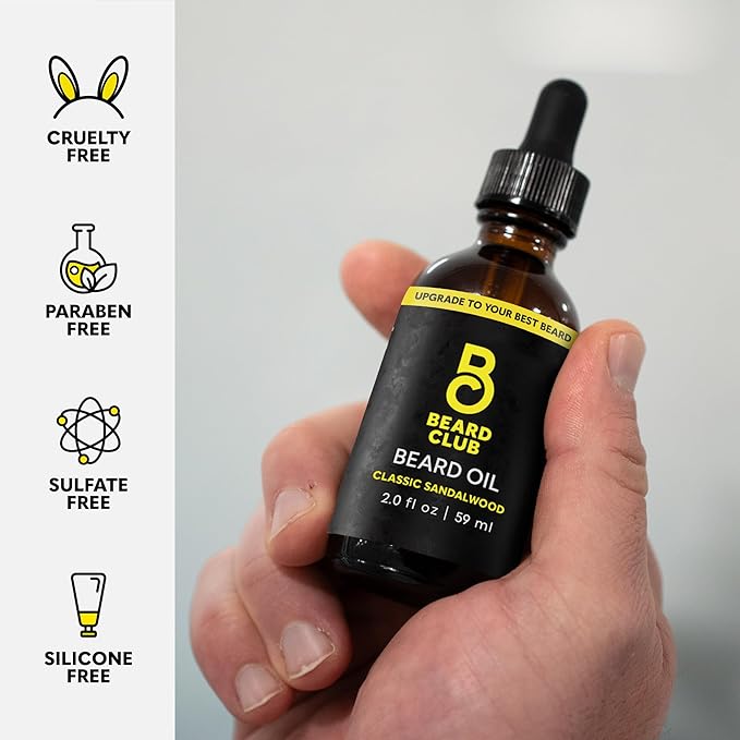 The Beard Club Beard Oil for Men - 2oz Classic Sandalwood Natural Beard Oil with Castor & Amber Oils - Beard & Mustache Conditioner - Hydrates, Softens & Soothes Dry Skin - Strengthens Hair Follicles